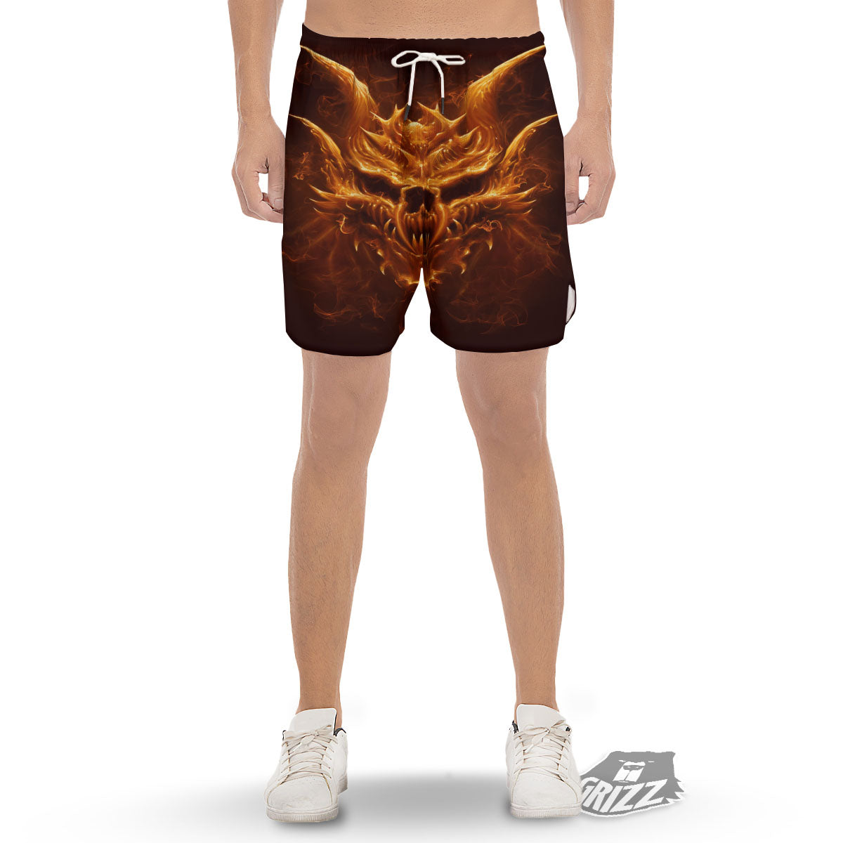 Evil Skull Flaming Print Men's Gym Shorts-grizzshop