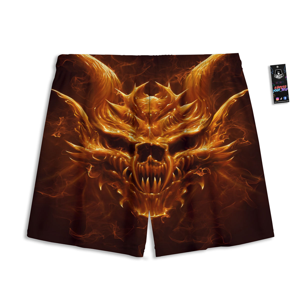 Evil Skull Flaming Print Mesh Shorts