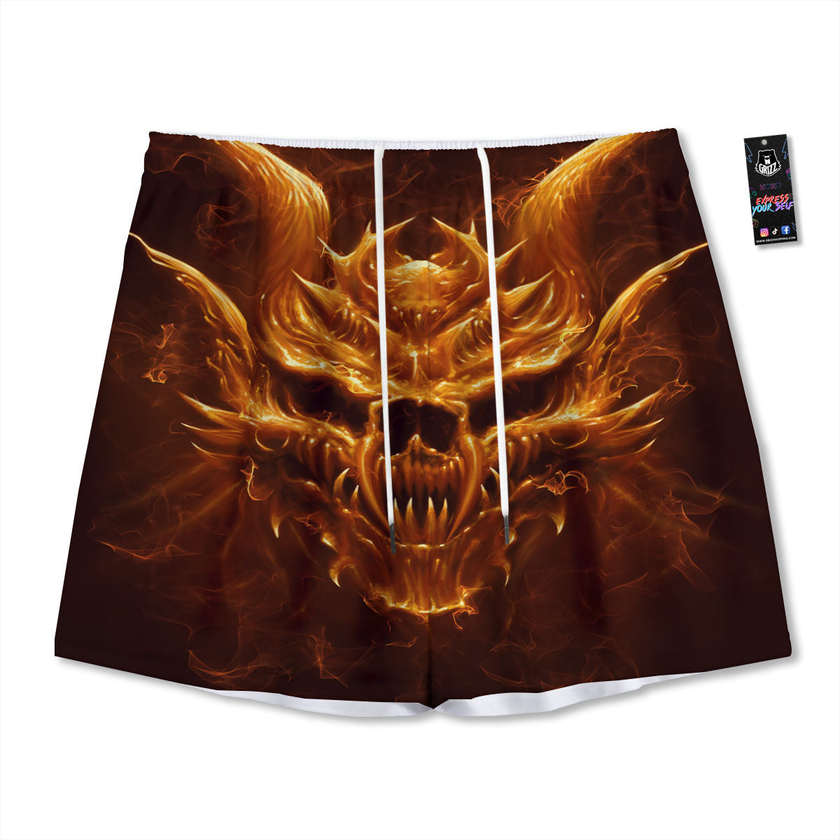 Evil Skull Flaming Print Mesh Shorts