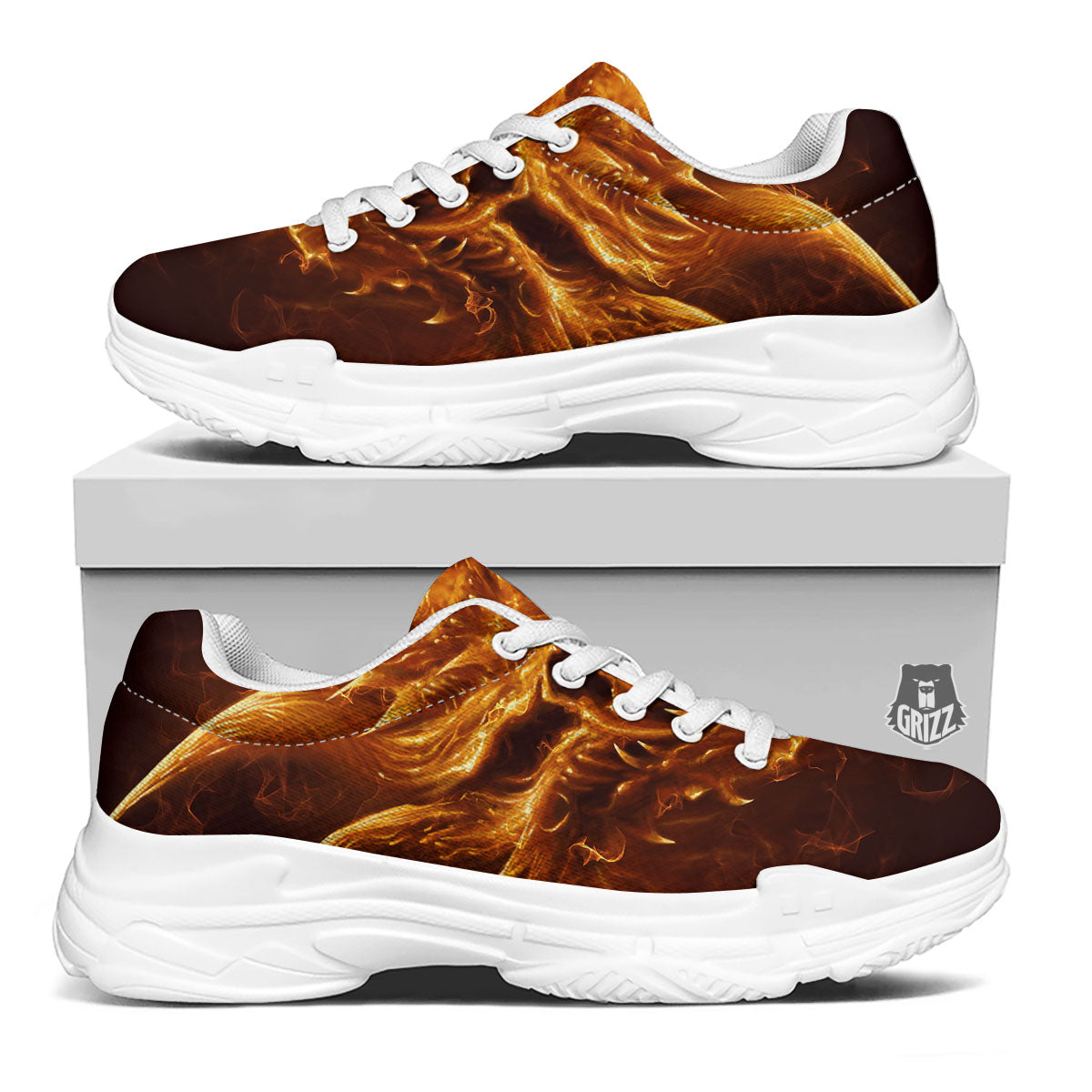 Evil Skull Flaming Print White Chunky Shoes-grizzshop