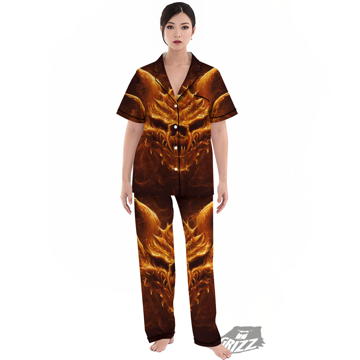 Evil Skull Flaming Print Women's Pajamas Set-grizzshop