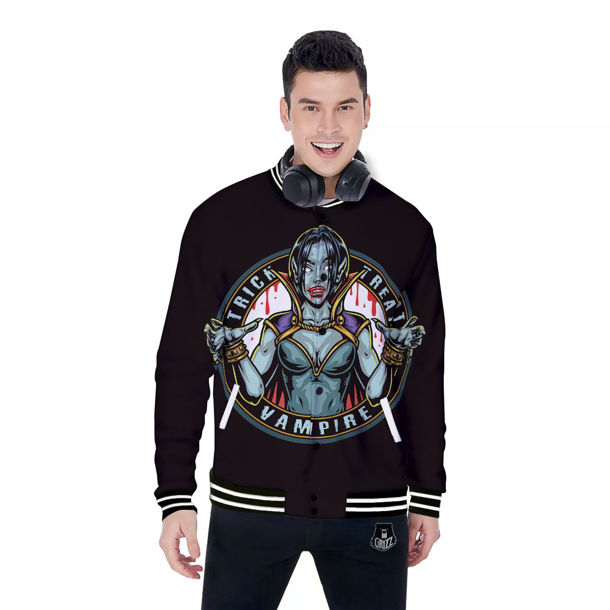 Evil Vampire Halloween Print Baseball Jacket-grizzshop