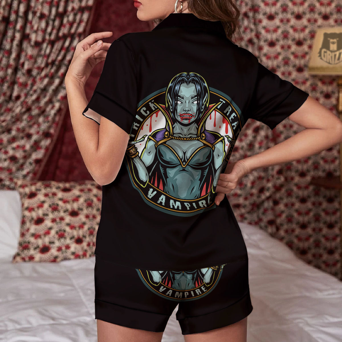 Evil Vampire Halloween Print Women Silk Pajamas-grizzshop