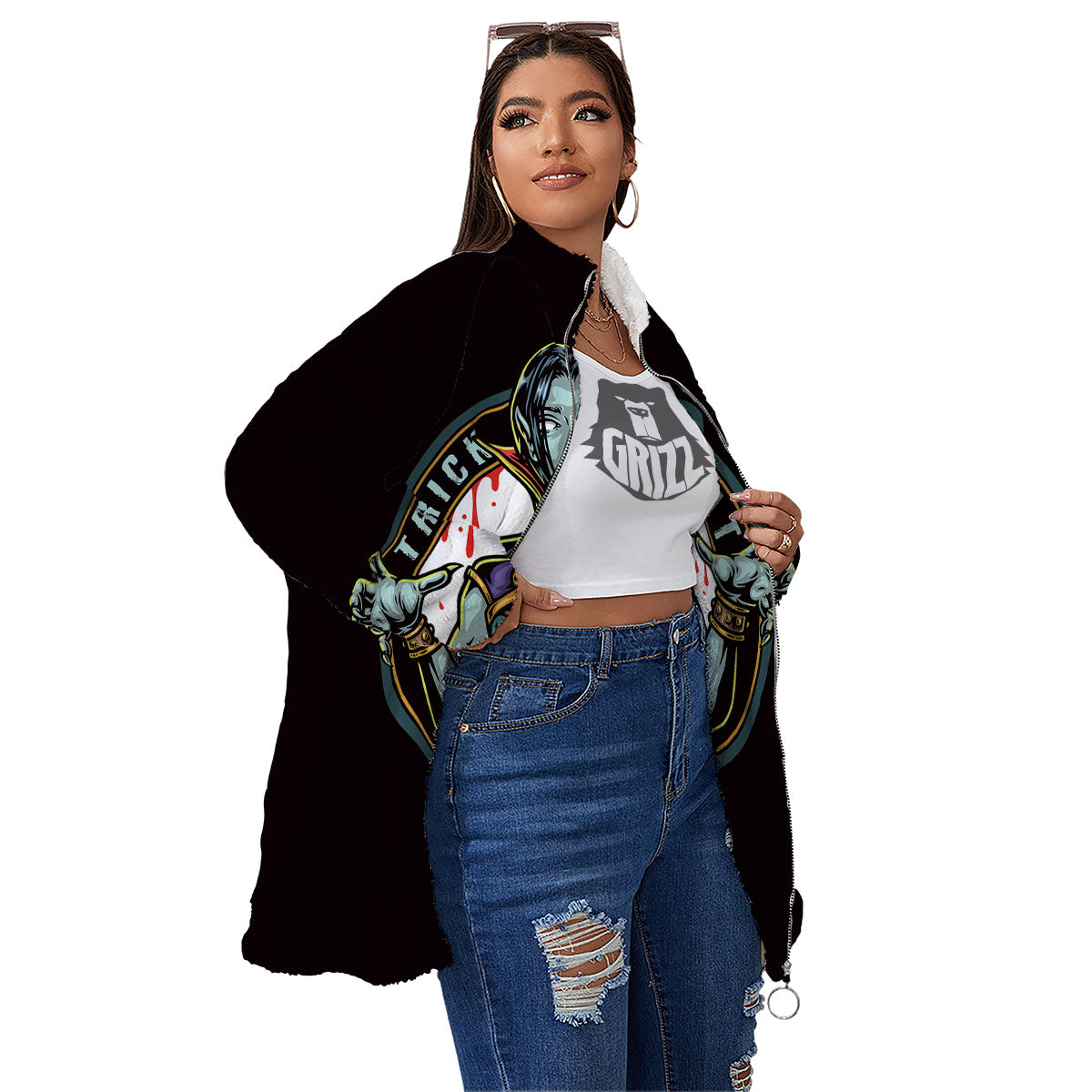 Evil Vampire Halloween Print Women's Sherpa Jacket-grizzshop