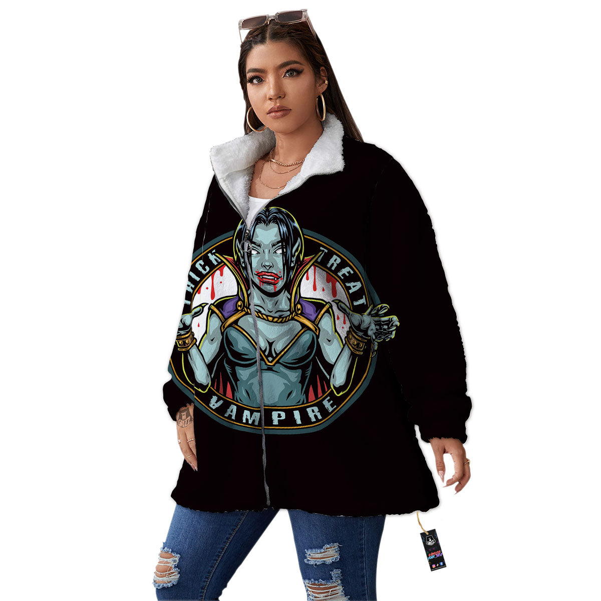 Evil Vampire Halloween Print Women's Sherpa Jacket-grizzshop