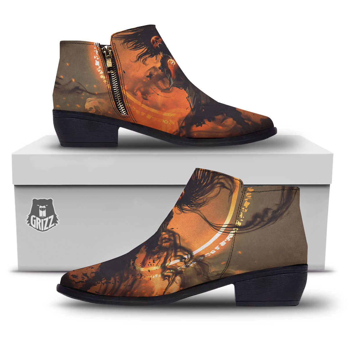 Evil Witch Print Ankle Boots-grizzshop