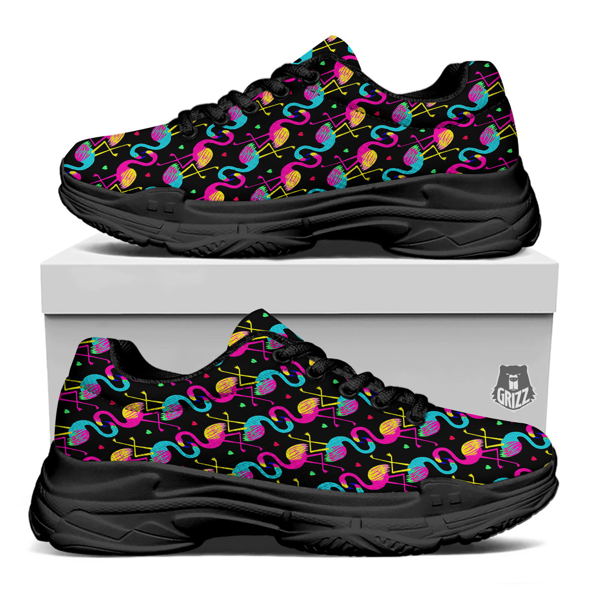 Exotic Hawaiian Flamingo Print Pattern Black Chunky Shoes-grizzshop