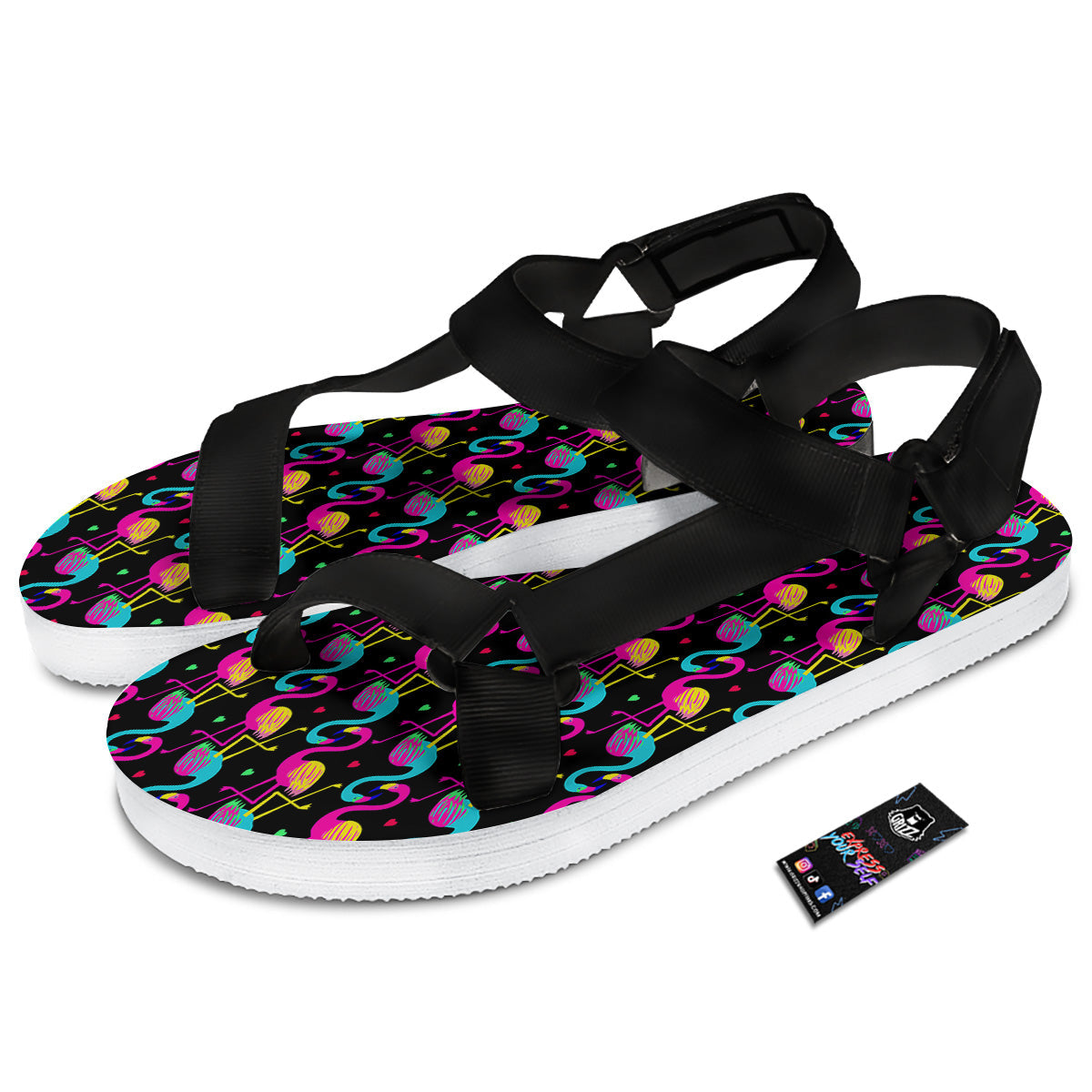 Exotic Hawaiian Flamingo Print Pattern Black Open Toe Sandals-grizzshop