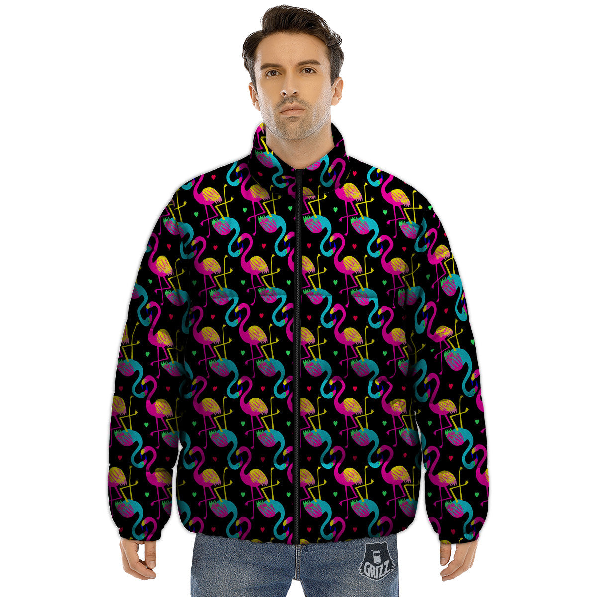Exotic Hawaiian Flamingo Print Pattern Puffer Jacket-grizzshop