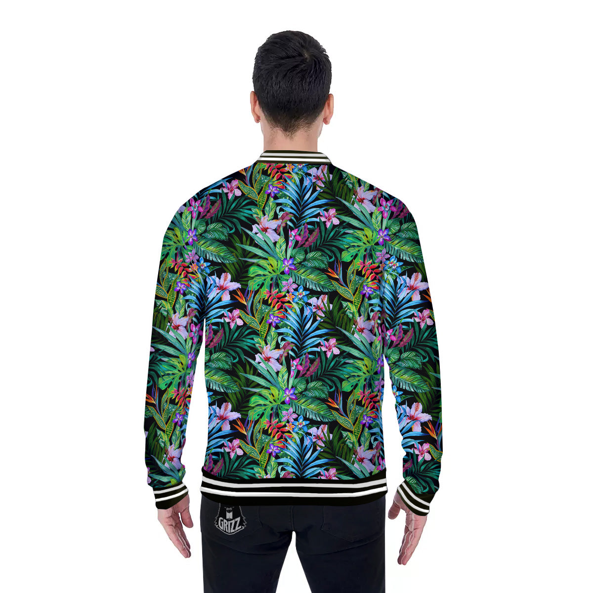 Exotic Hibiscus And Palm Print Pattern Baseball Jacket-grizzshop