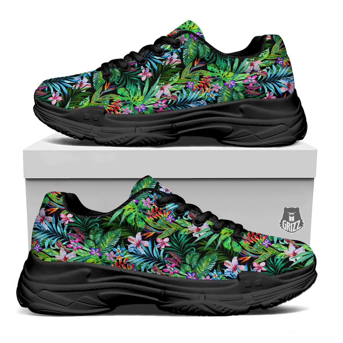 Exotic Hibiscus And Palm Print Pattern Black Chunky Shoes-grizzshop
