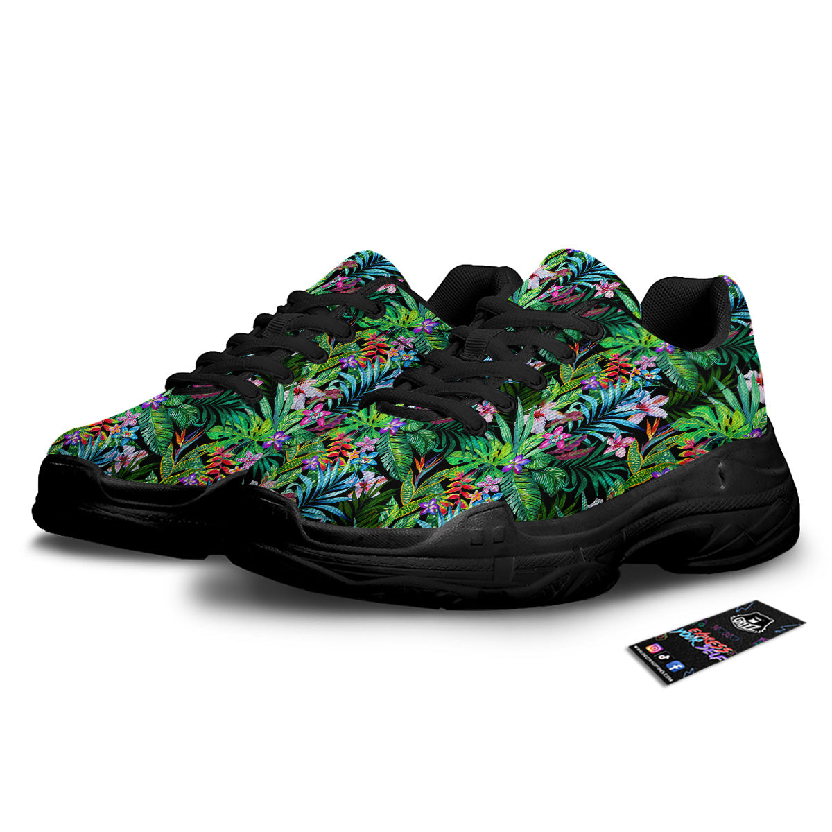 Exotic Hibiscus And Palm Print Pattern Black Chunky Shoes-grizzshop
