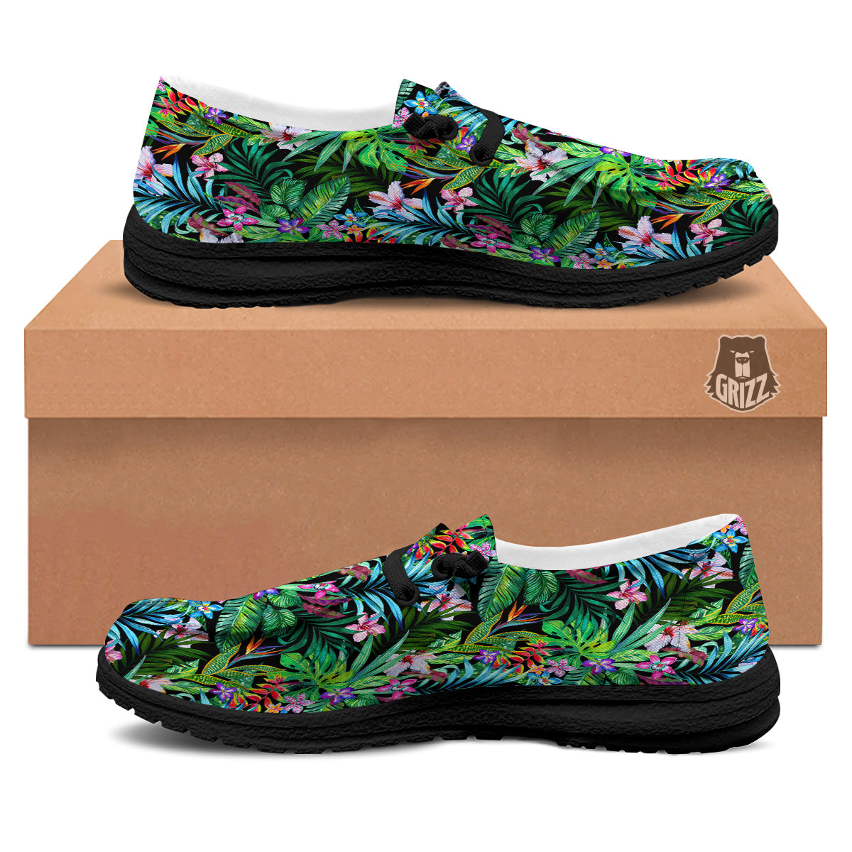 Exotic Hibiscus And Palm Print Pattern Black Loafers-grizzshop
