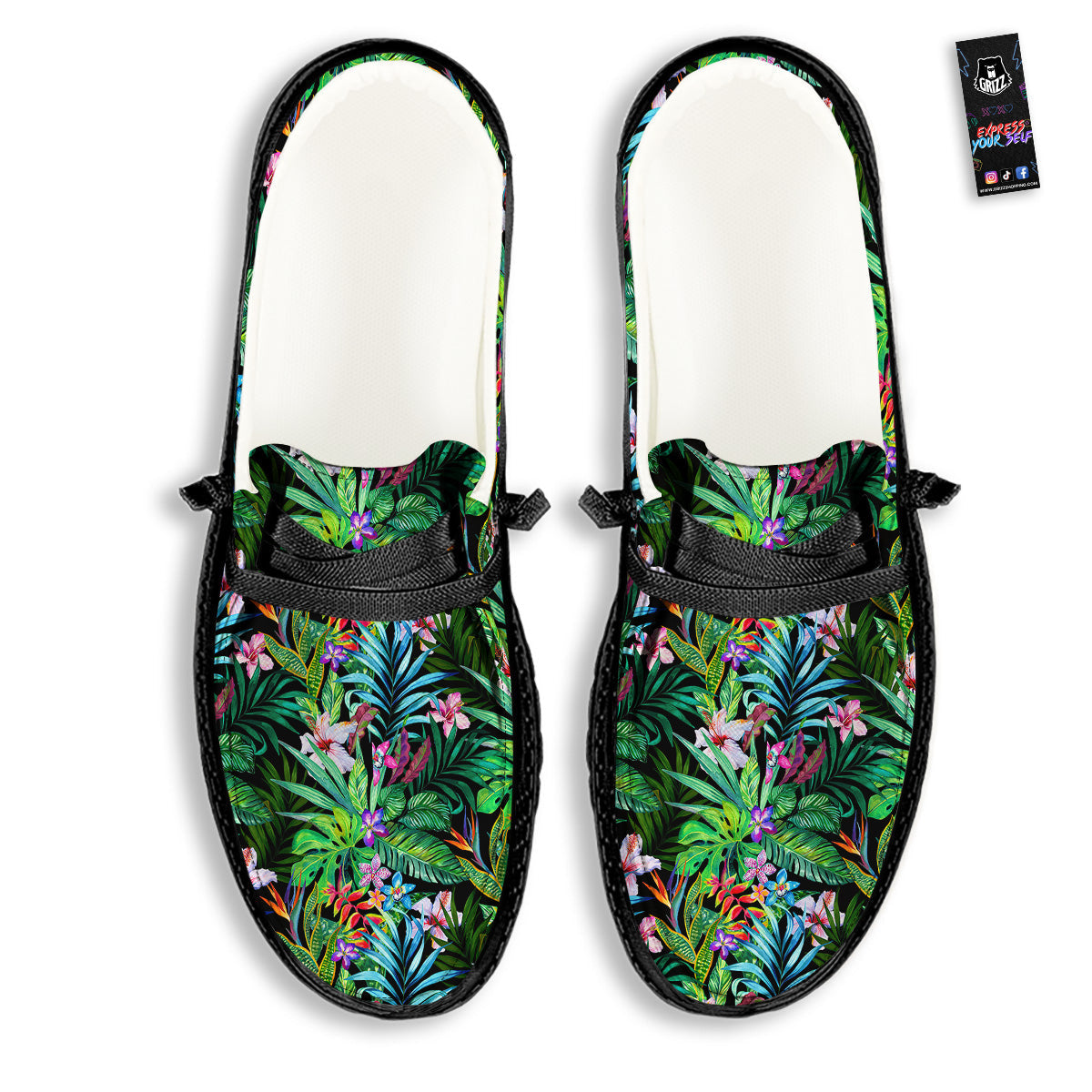 Exotic Hibiscus And Palm Print Pattern Black Loafers-grizzshop