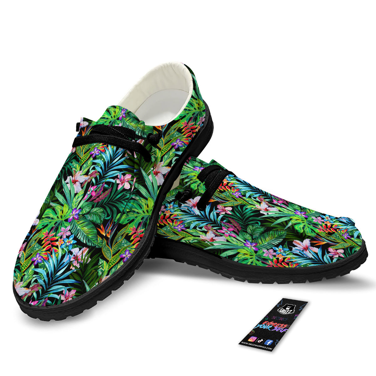 Exotic Hibiscus And Palm Print Pattern Black Loafers-grizzshop