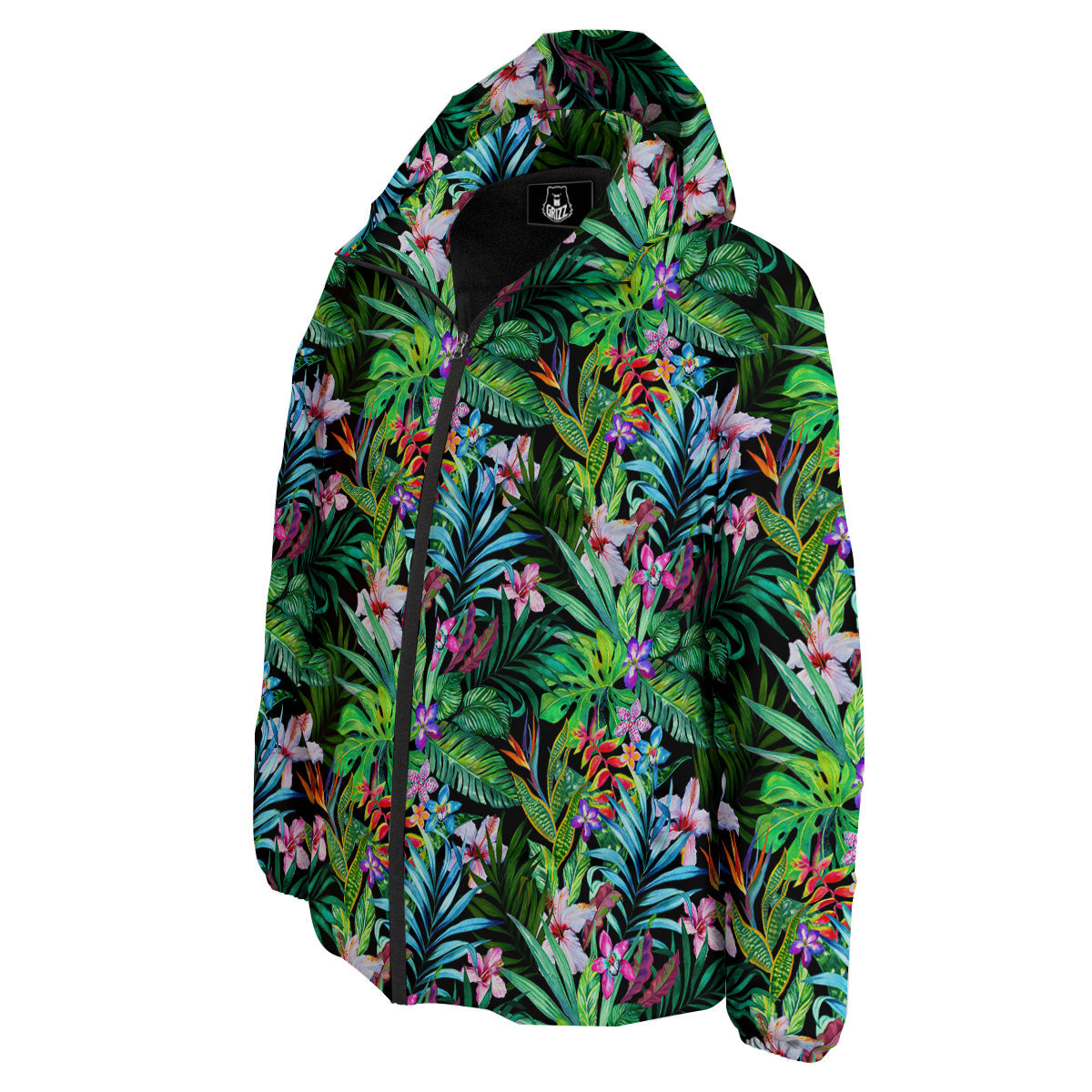 Exotic Hibiscus And Palm Print Pattern Down Jacket-grizzshop