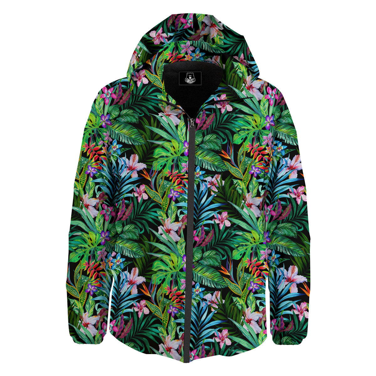 Exotic Hibiscus And Palm Print Pattern Down Jacket-grizzshop