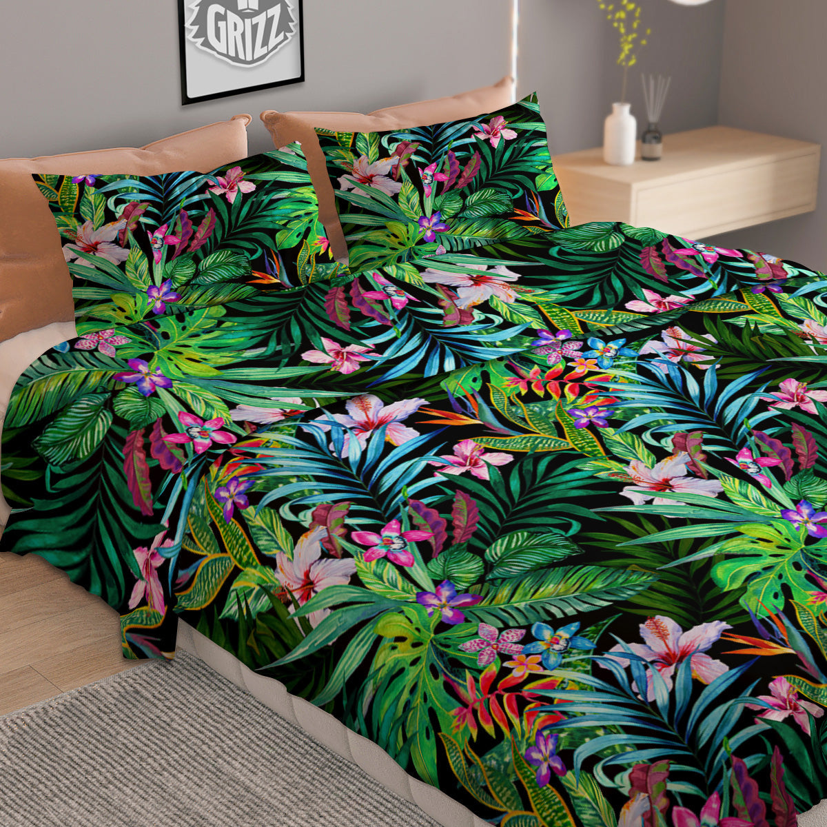 Exotic Hibiscus And Palm Print Pattern Duvet Cover Bedding Set