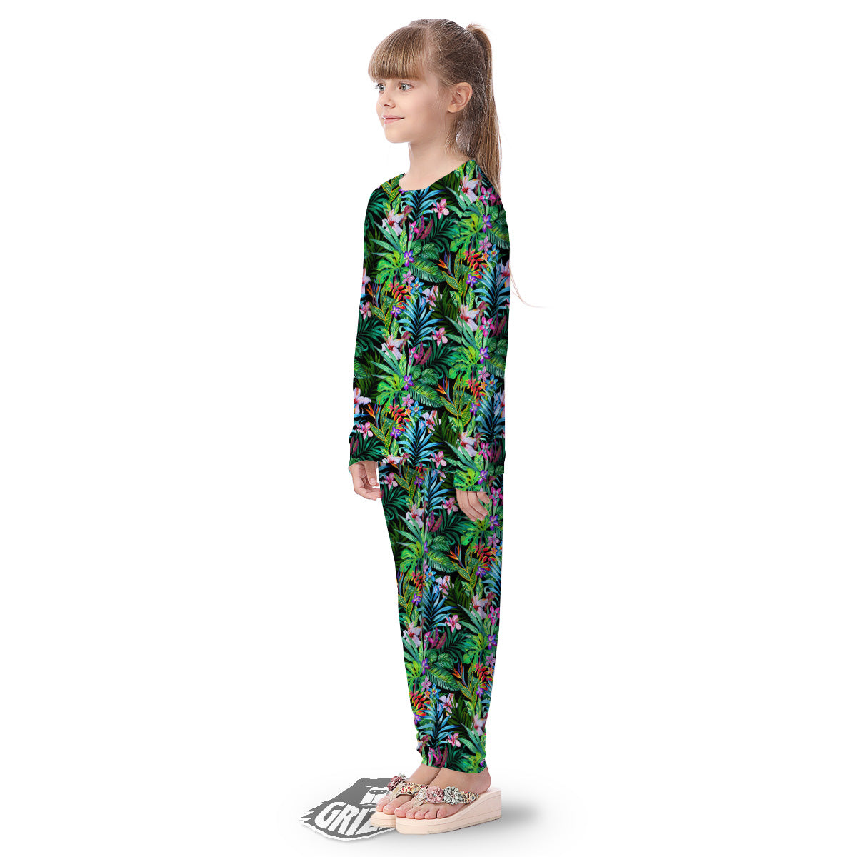 Exotic Hibiscus And Palm Print Pattern Kid's Pajamas-grizzshop