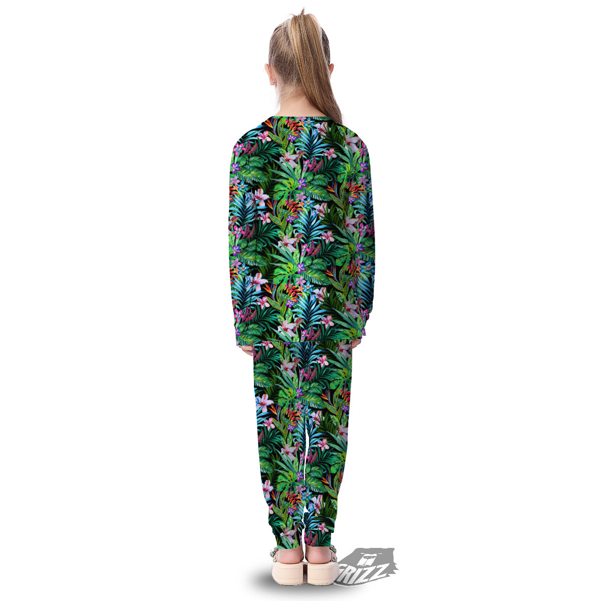 Exotic Hibiscus And Palm Print Pattern Kid's Pajamas-grizzshop