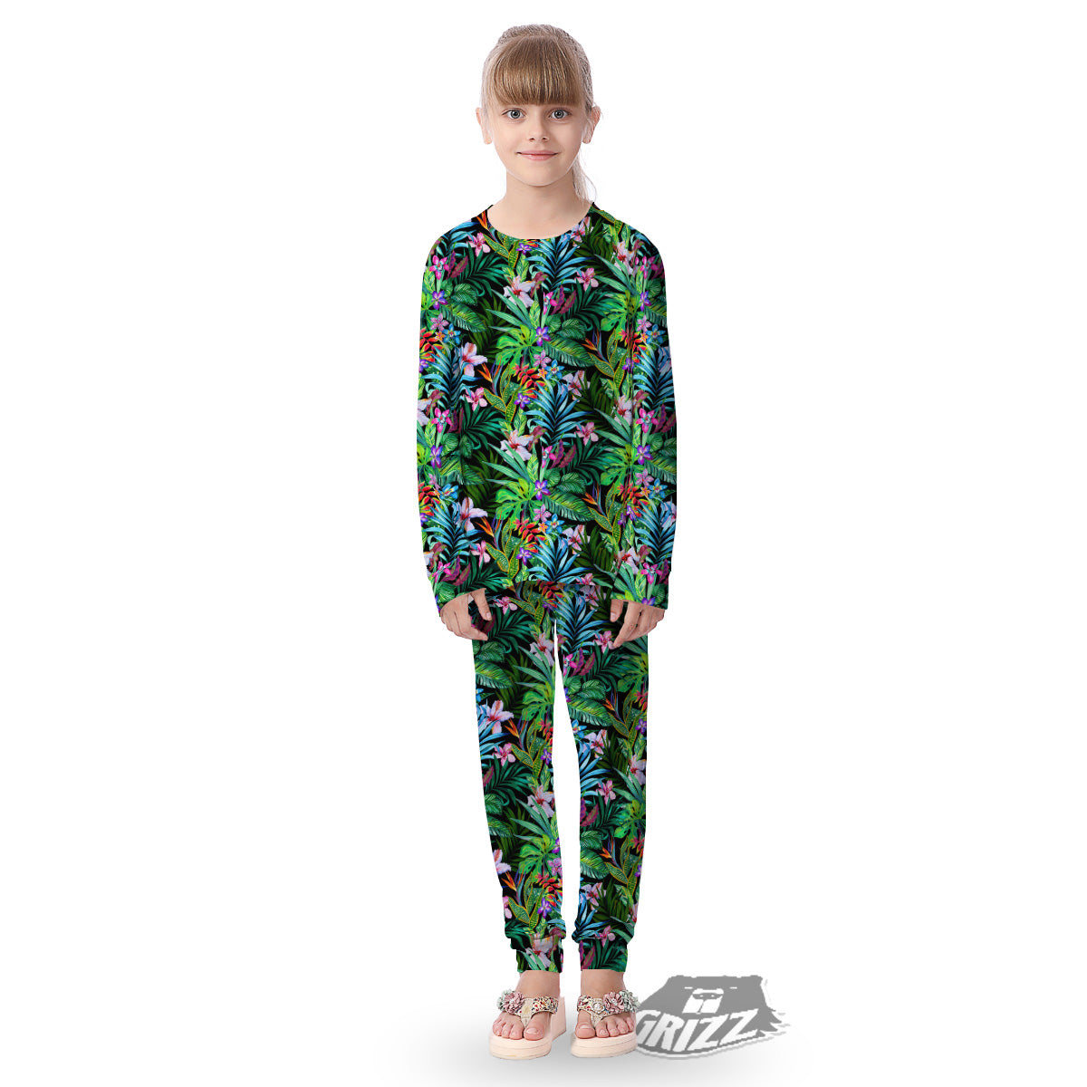 Exotic Hibiscus And Palm Print Pattern Kid's Pajamas-grizzshop