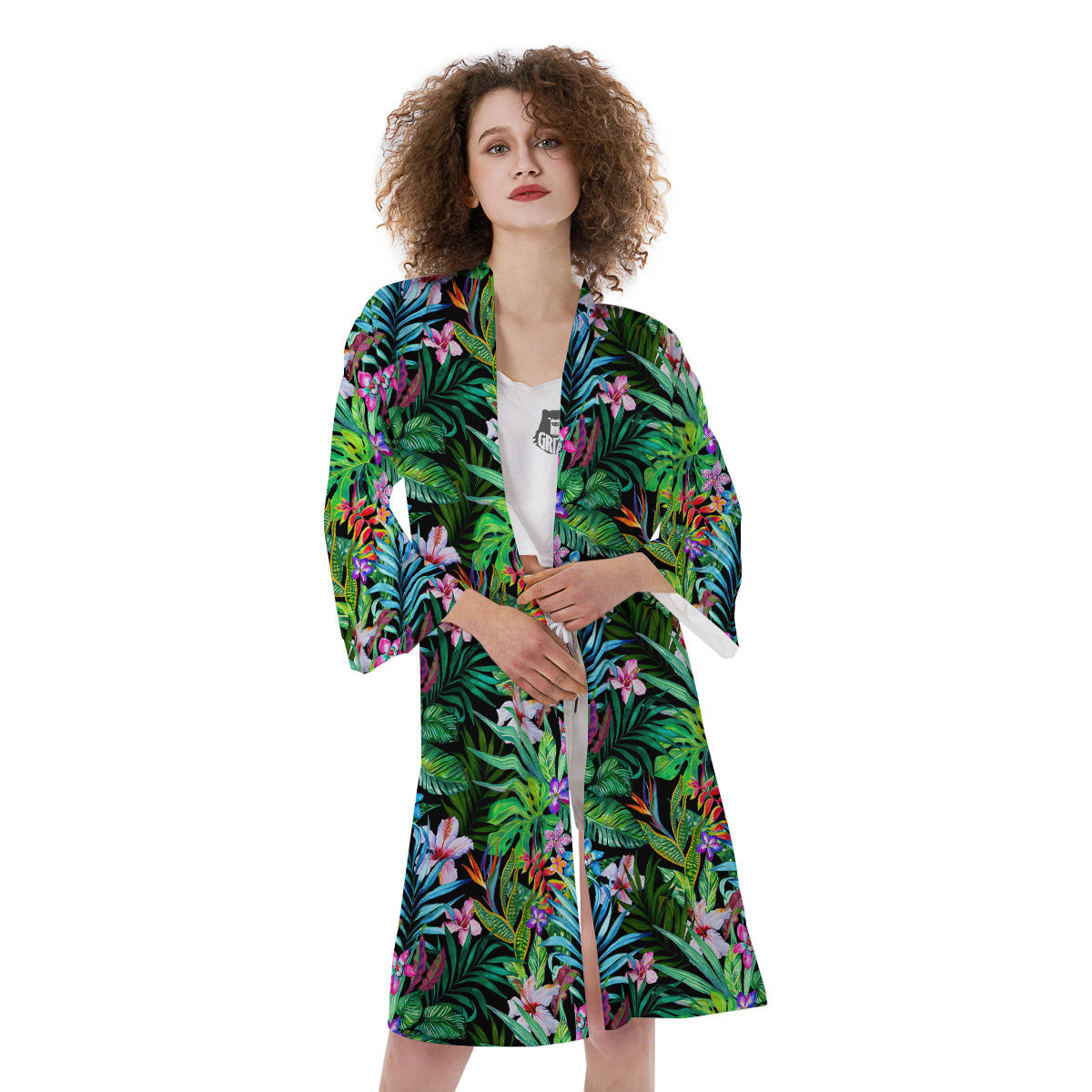 Exotic Hibiscus And Palm Print Pattern Kimono-grizzshop