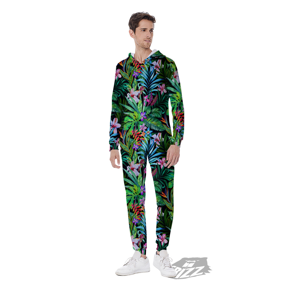 Exotic Hibiscus And Palm Print Pattern Men's Jumpsuit-grizzshop