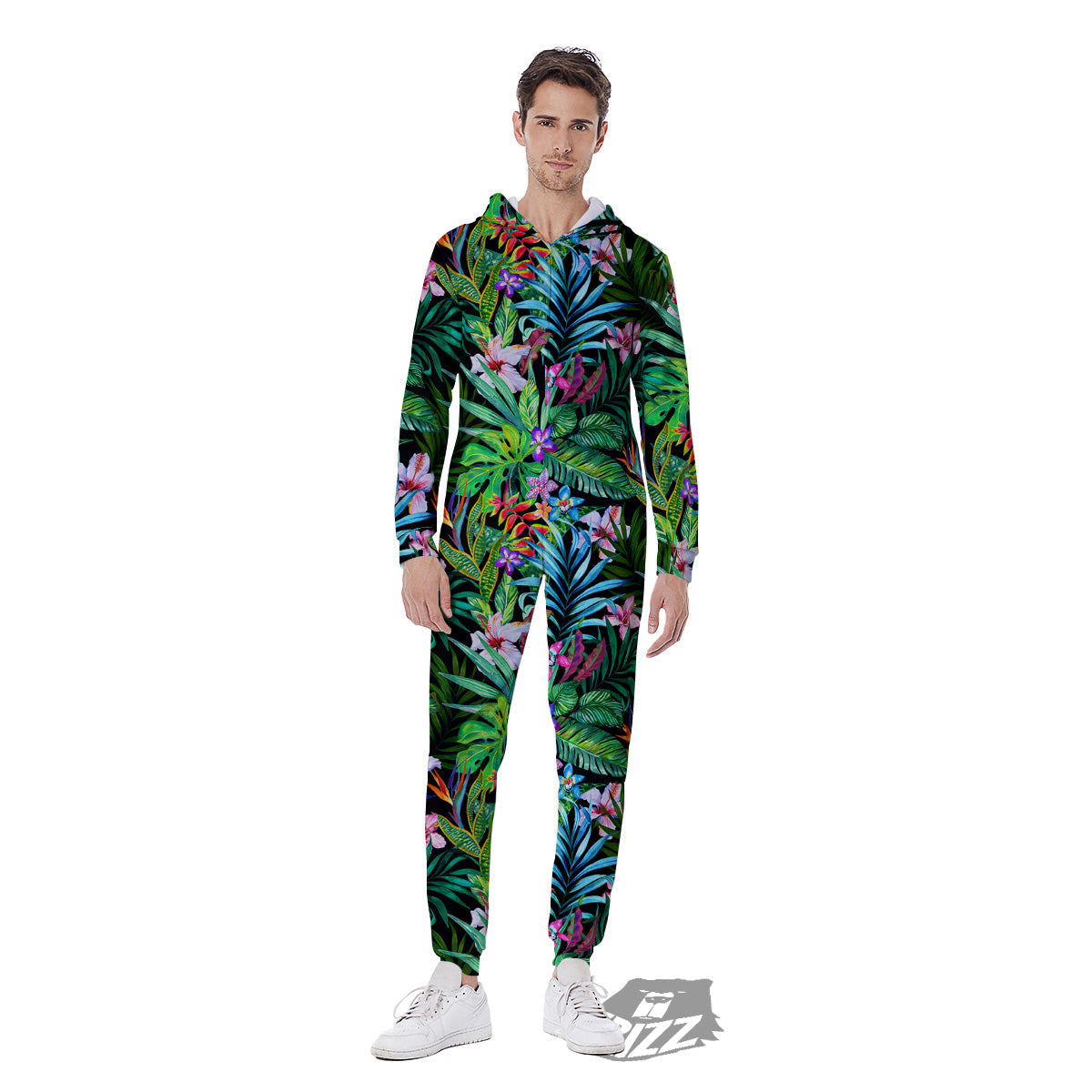 Exotic Hibiscus And Palm Print Pattern Men's Jumpsuit-grizzshop