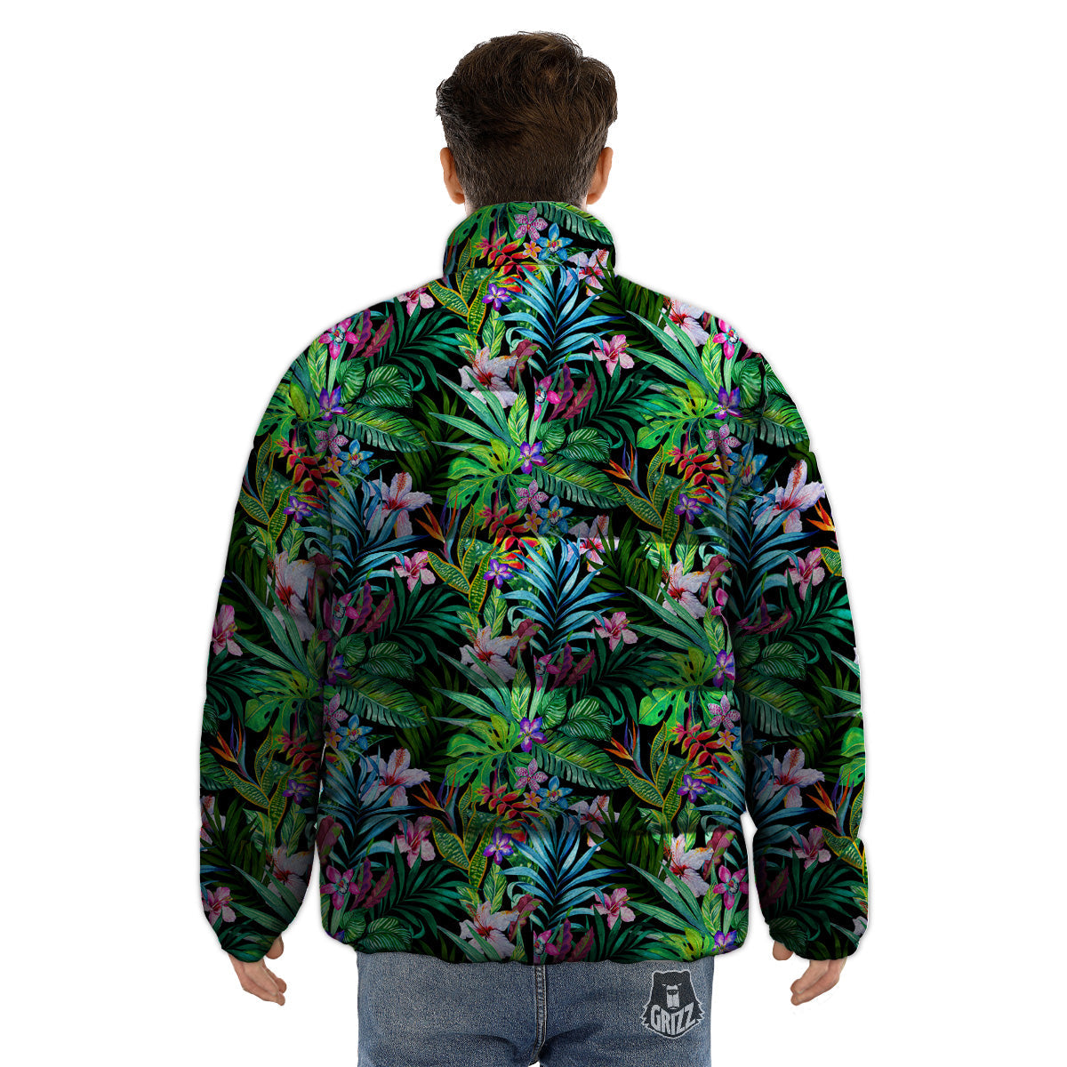 Exotic Hibiscus And Palm Print Pattern Puffer Jacket-grizzshop