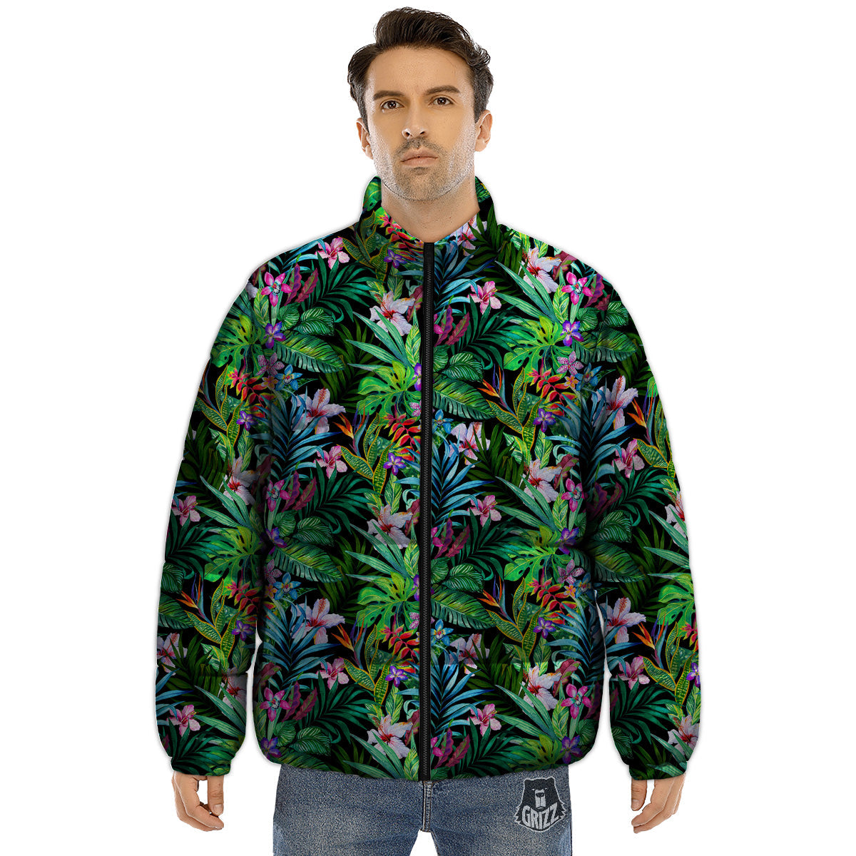 Exotic Hibiscus And Palm Print Pattern Puffer Jacket-grizzshop