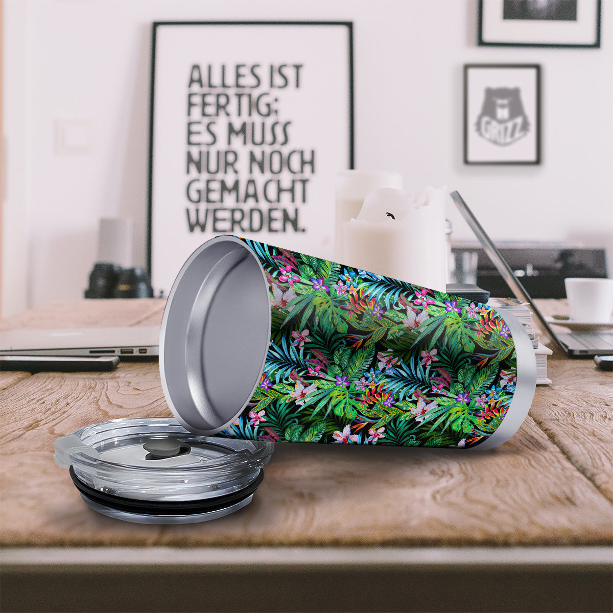 Exotic Hibiscus And Palm Print Pattern Tumbler-grizzshop