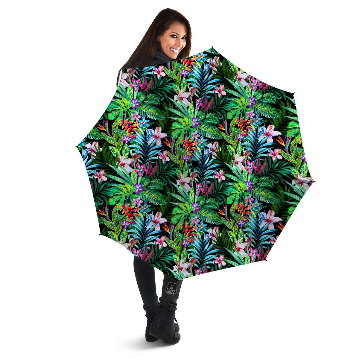 Exotic Hibiscus And Palm Print Pattern Umbrella-grizzshop