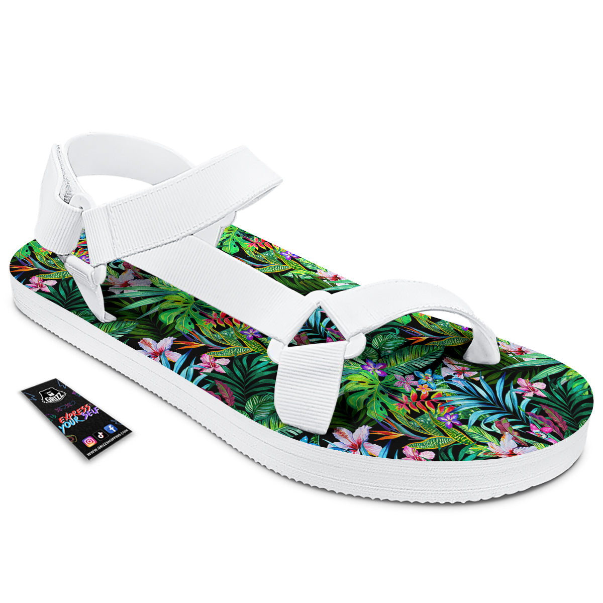 Exotic Hibiscus And Palm Print Pattern White Open Toe Sandals-grizzshop
