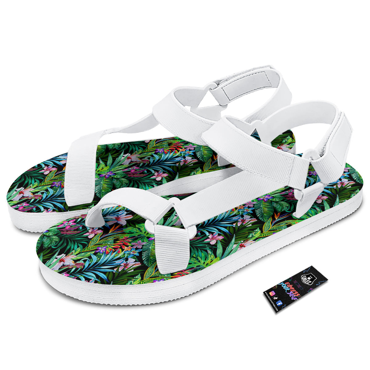 Exotic Hibiscus And Palm Print Pattern White Open Toe Sandals-grizzshop