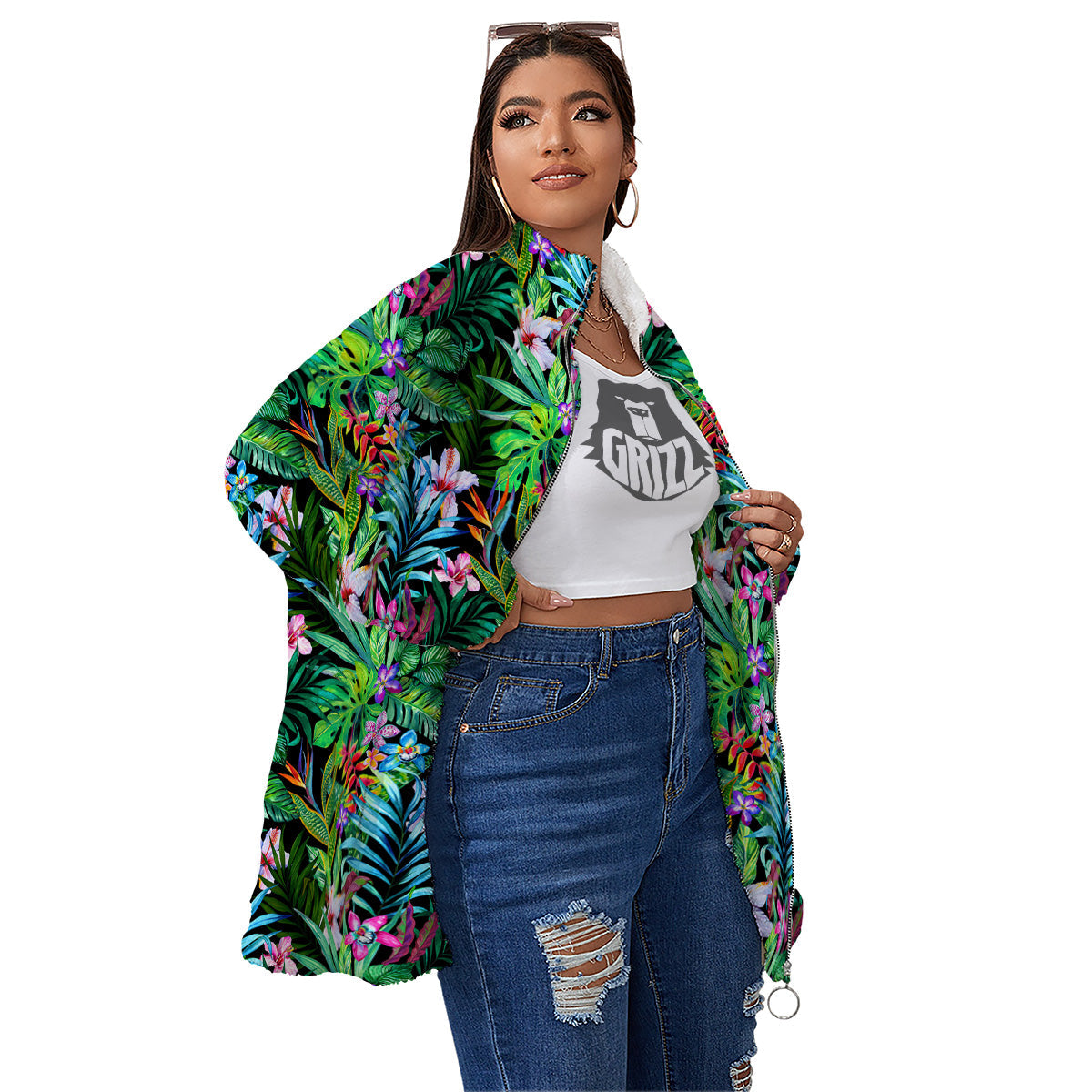 Exotic Hibiscus And Palm Print Pattern Women's Sherpa Jacket-grizzshop