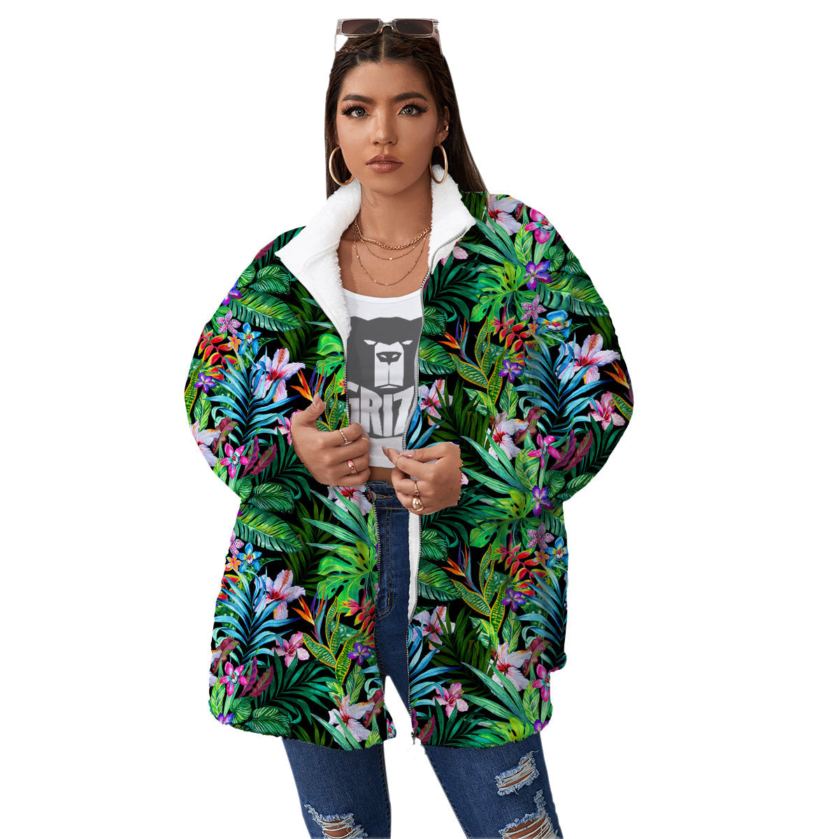 Exotic Hibiscus And Palm Print Pattern Women's Sherpa Jacket-grizzshop