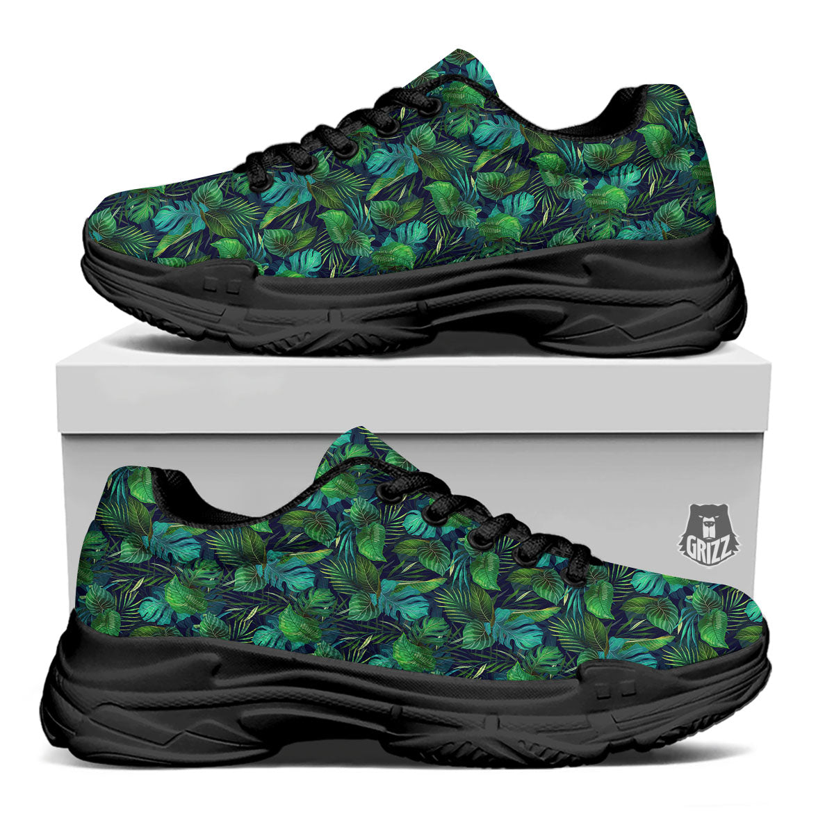 Exotic Leaf Tropical Print Pattern Black Chunky Shoes-grizzshop