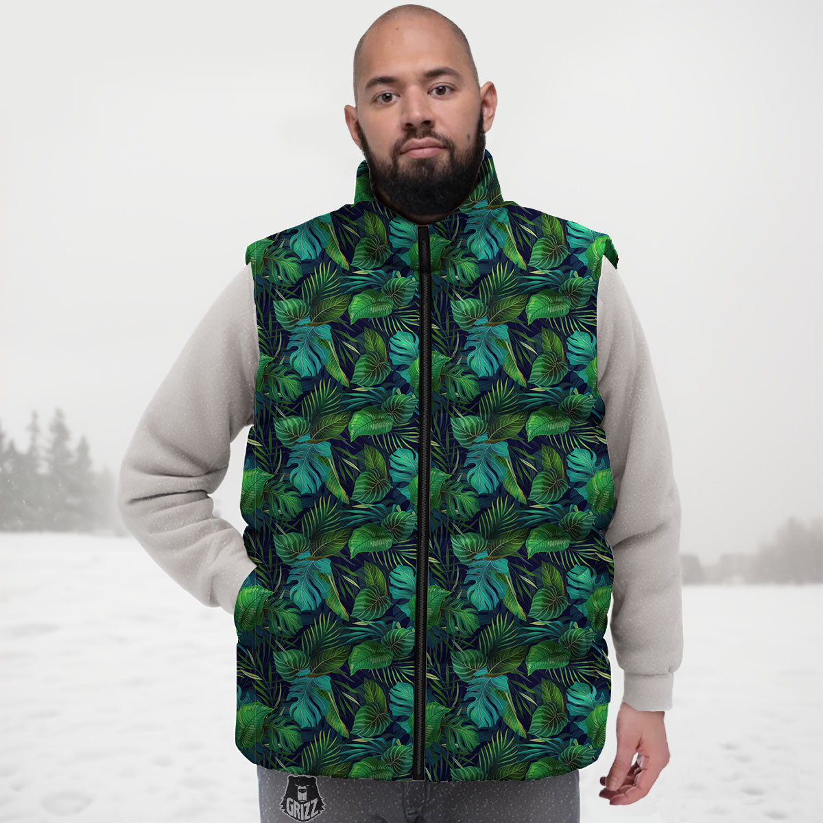 Exotic Leaf Tropical Print Pattern Down Vest