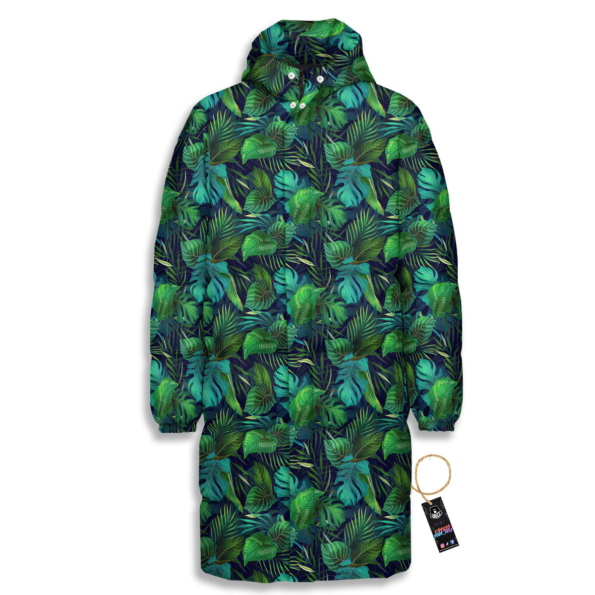 Exotic Leaf Tropical Print Pattern Long Down Jacket-grizzshop