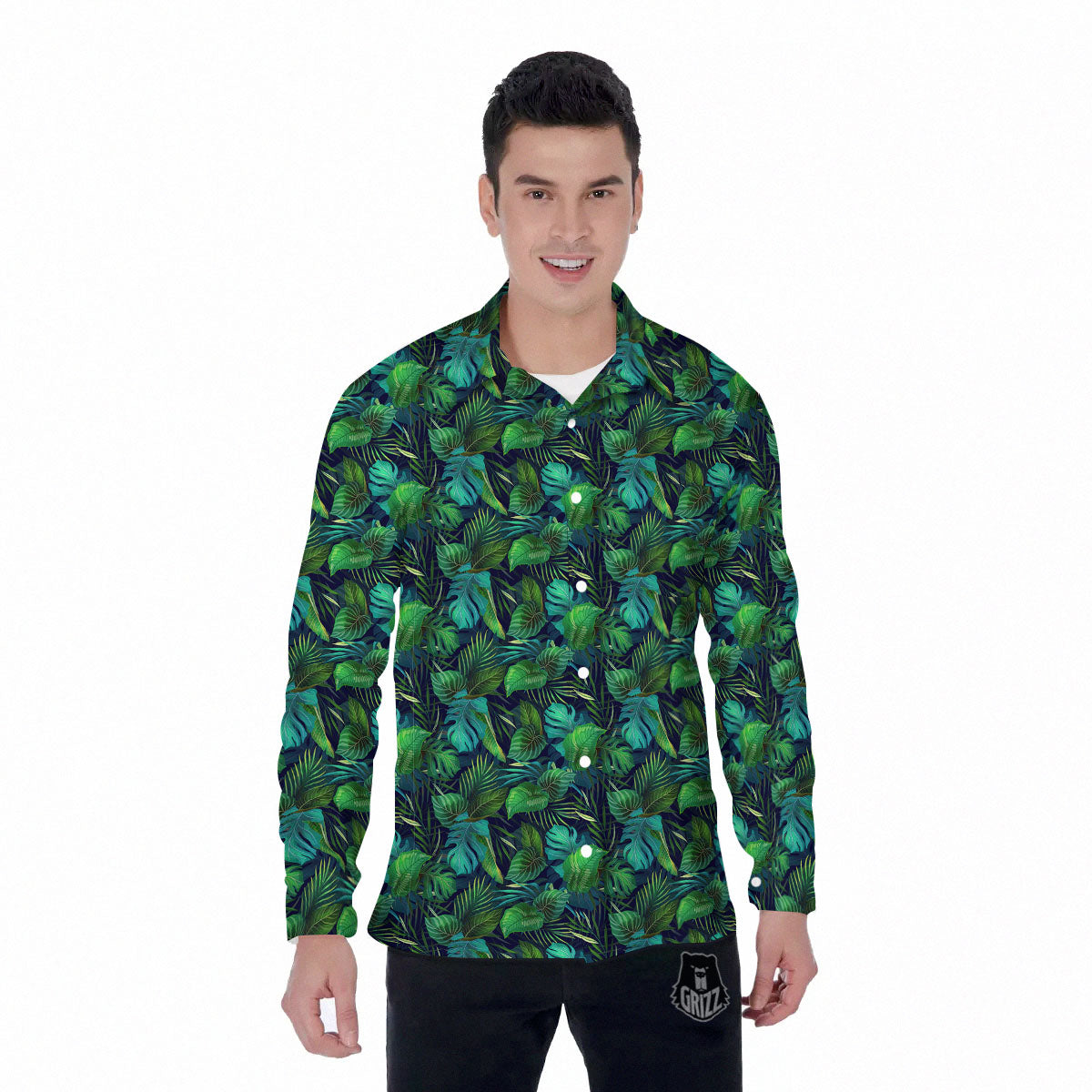 Exotic Leaf Tropical Print Pattern Men's Long Sleeve Shirts-grizzshop