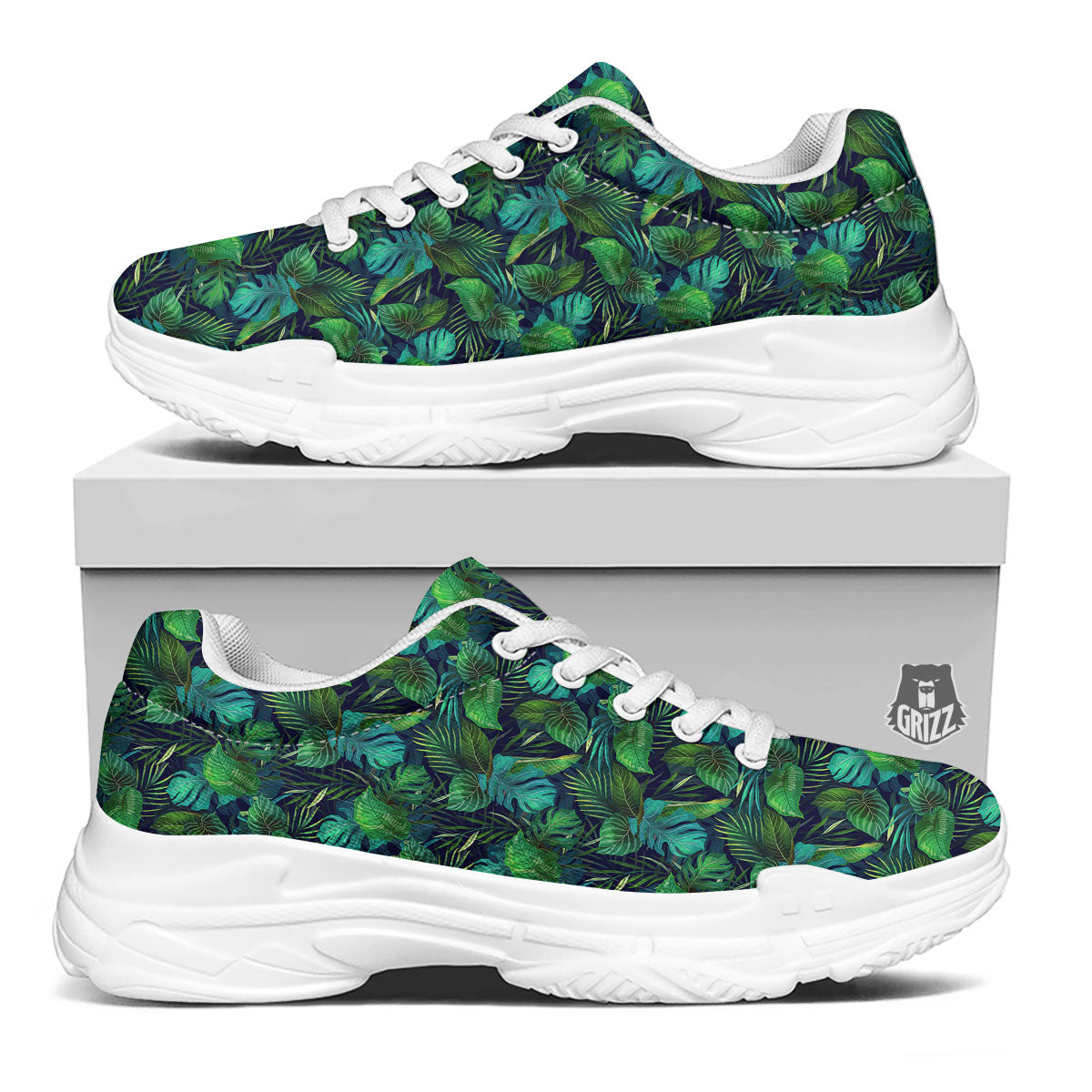 Exotic Leaf Tropical Print Pattern White Chunky Shoes-grizzshop