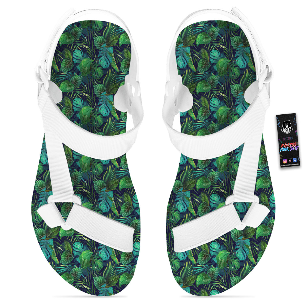 Exotic Leaf Tropical Print Pattern White Open Toe Sandals-grizzshop