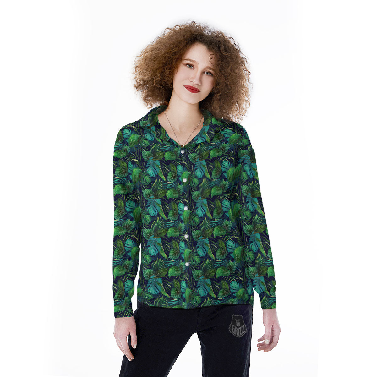 Exotic Leaf Tropical Print Pattern Women's Long Sleeve Shirts-grizzshop