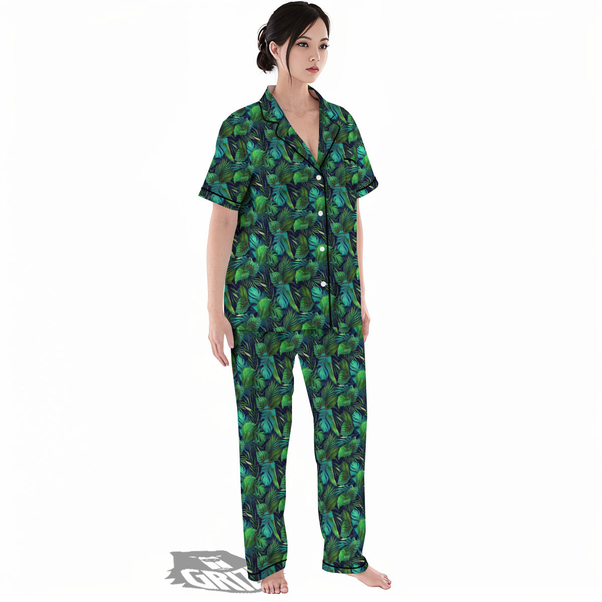 Exotic Leaf Tropical Print Pattern Women's Pajamas Set-grizzshop