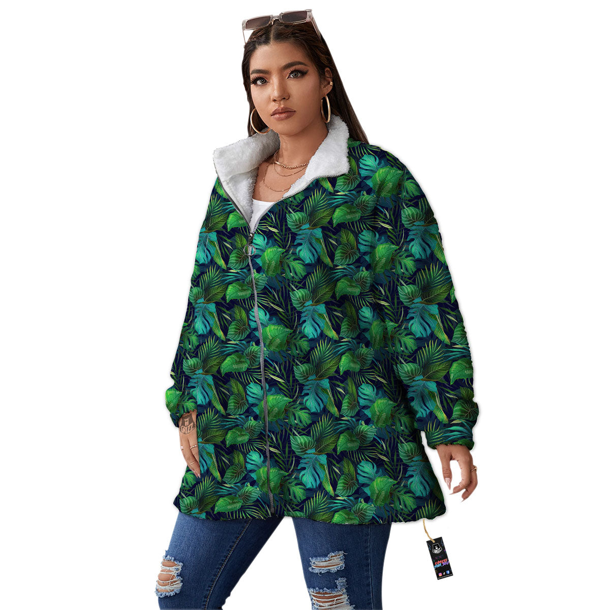 Exotic Leaf Tropical Print Pattern Women's Sherpa Jacket-grizzshop