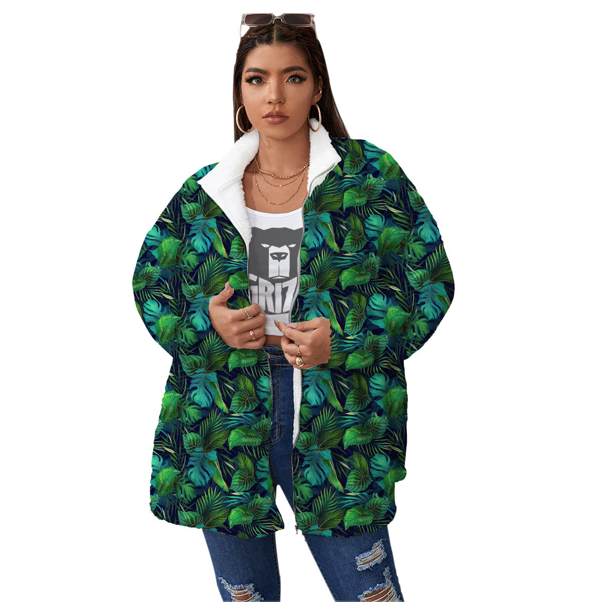 Exotic Leaf Tropical Print Pattern Women's Sherpa Jacket-grizzshop
