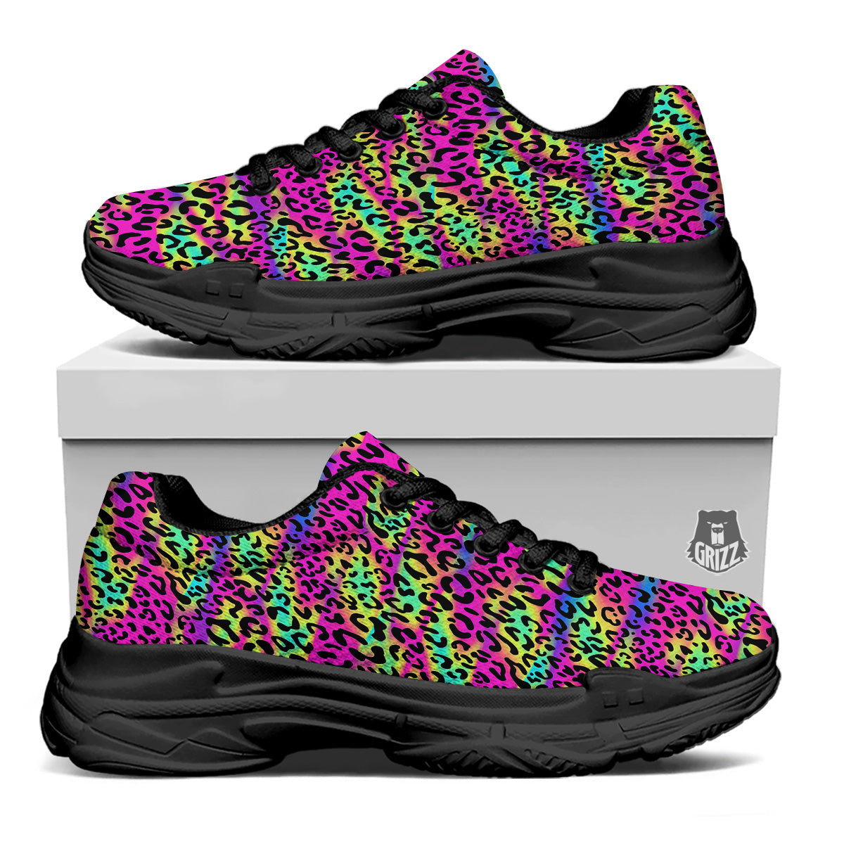 Exotic Neon Leopard Print Pattern Black Chunky Shoes-grizzshop