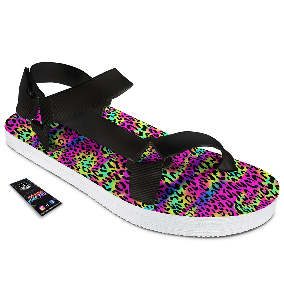 Exotic Neon Leopard Print Pattern Black Open Toe Sandals-grizzshop