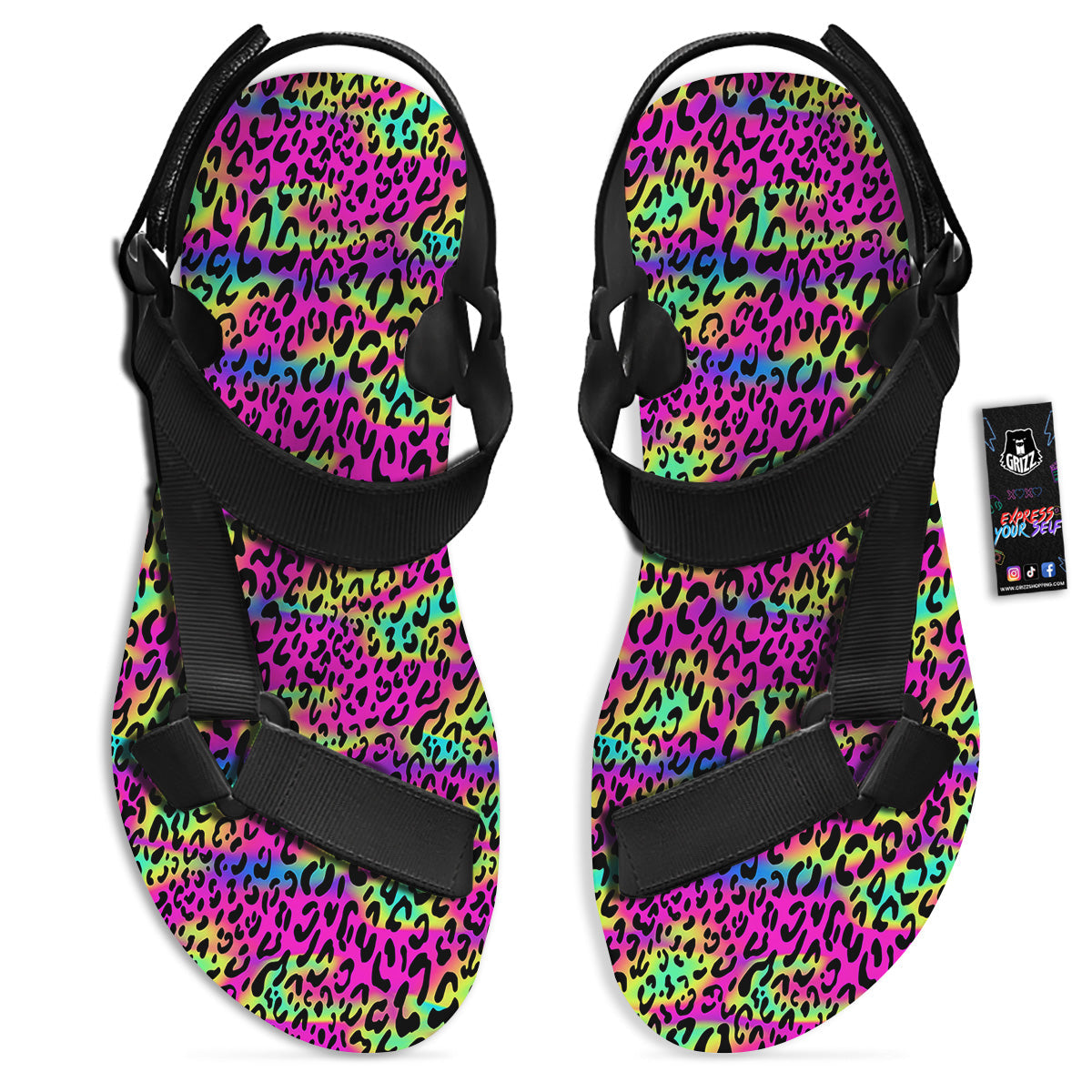 Exotic Neon Leopard Print Pattern Black Open Toe Sandals-grizzshop