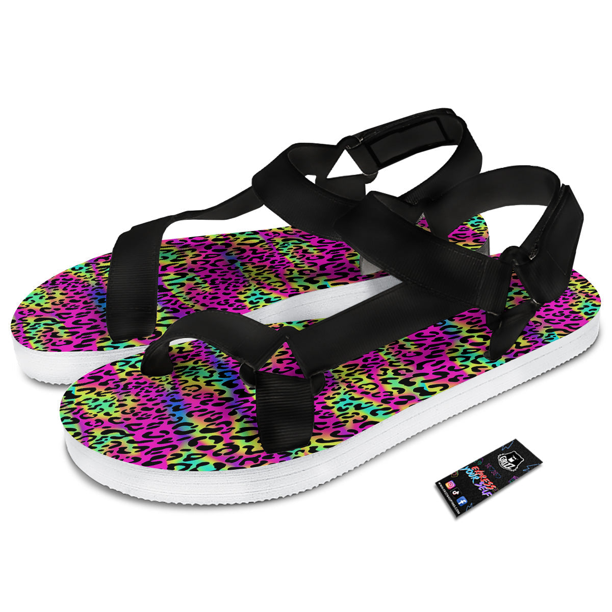 Exotic Neon Leopard Print Pattern Black Open Toe Sandals-grizzshop